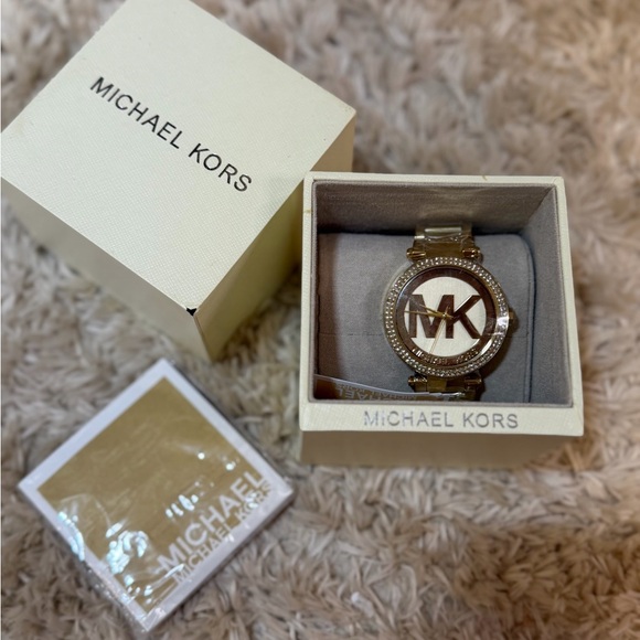 Michael Kors Accessories - Michael Kors Gold and White MK Logo Crystal Bracelet Watch